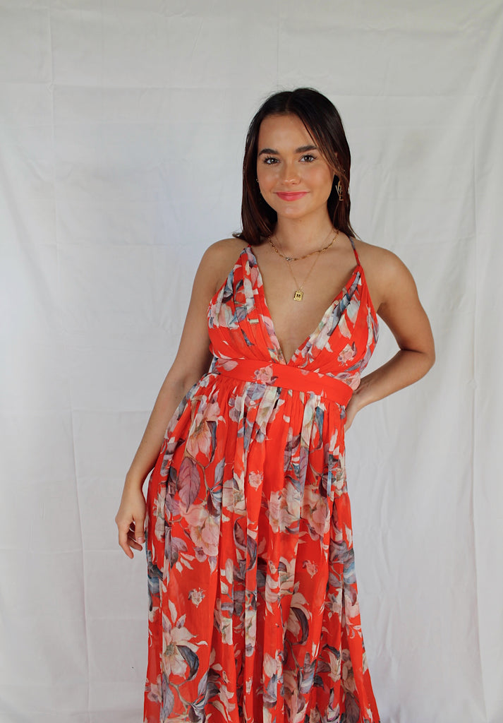 Red Blossoms Maxi Dress